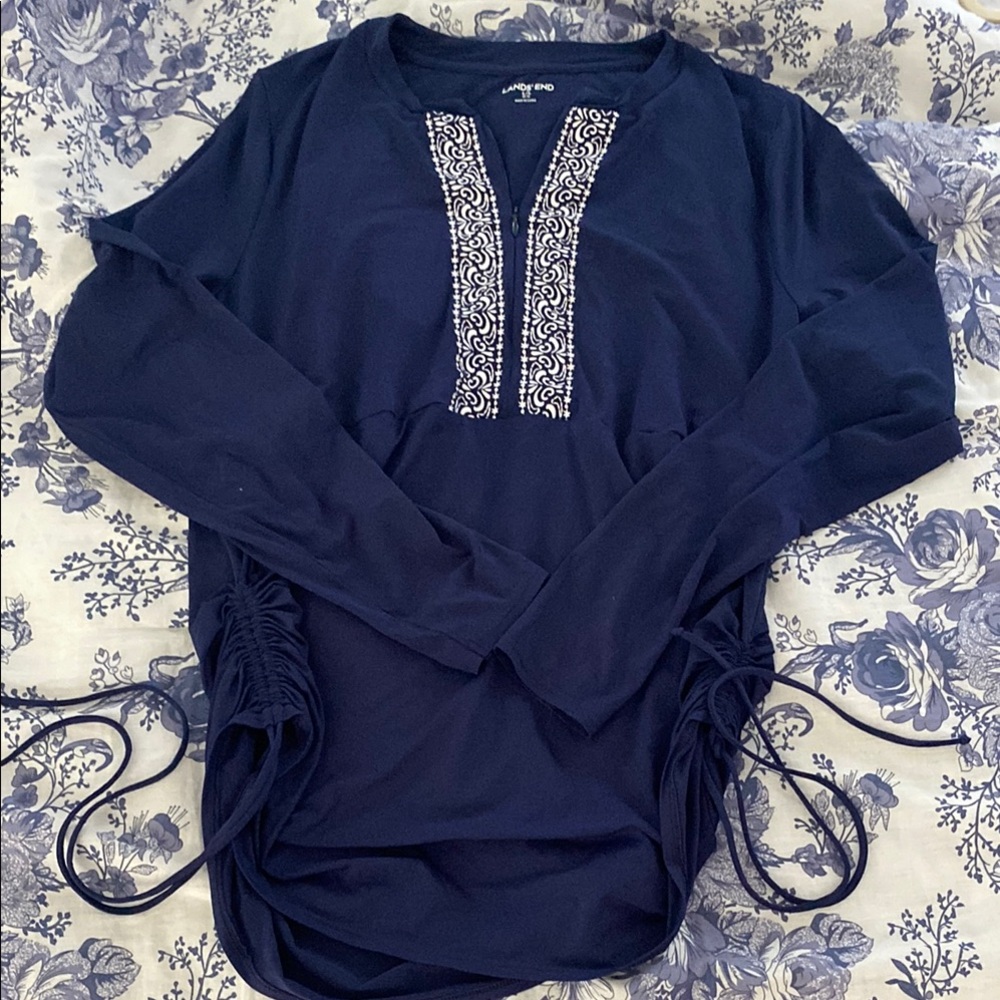 Navy Blue Long Sleeve Swim Top with Embroidered Detail